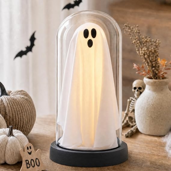FestalMart Light-Up Ghost in Glass Cloche