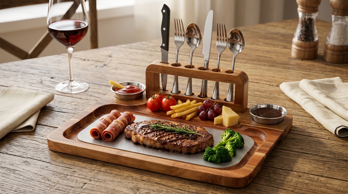 Acacia Wood Steak Board Set styled in a home setting