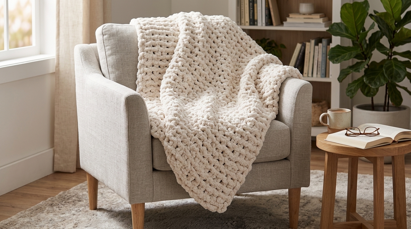 LAGRATY Chunky Knit Blanket Throw styled in a home setting