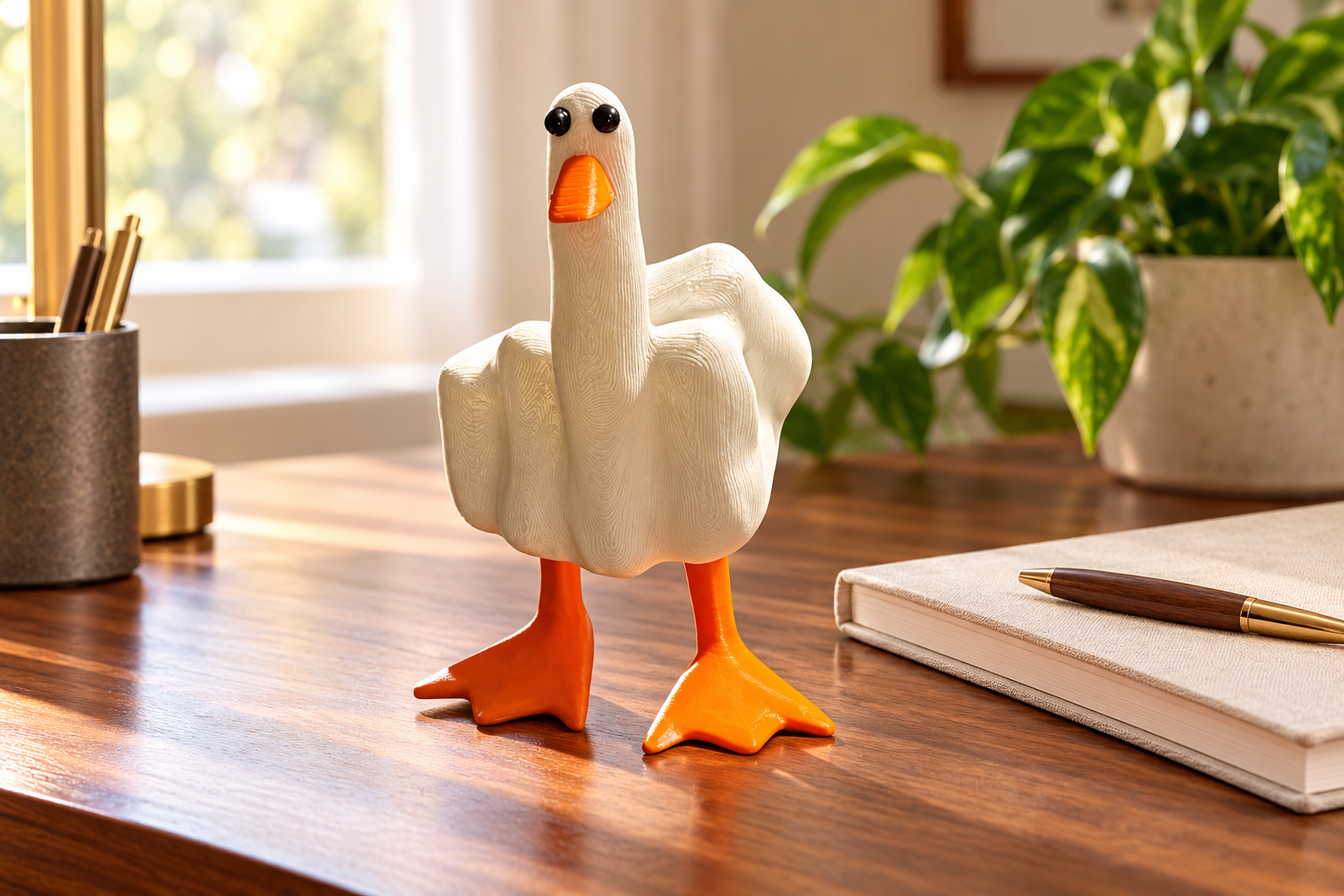 Auetrcls Middle Finger Duck Statue - White styled in a home setting