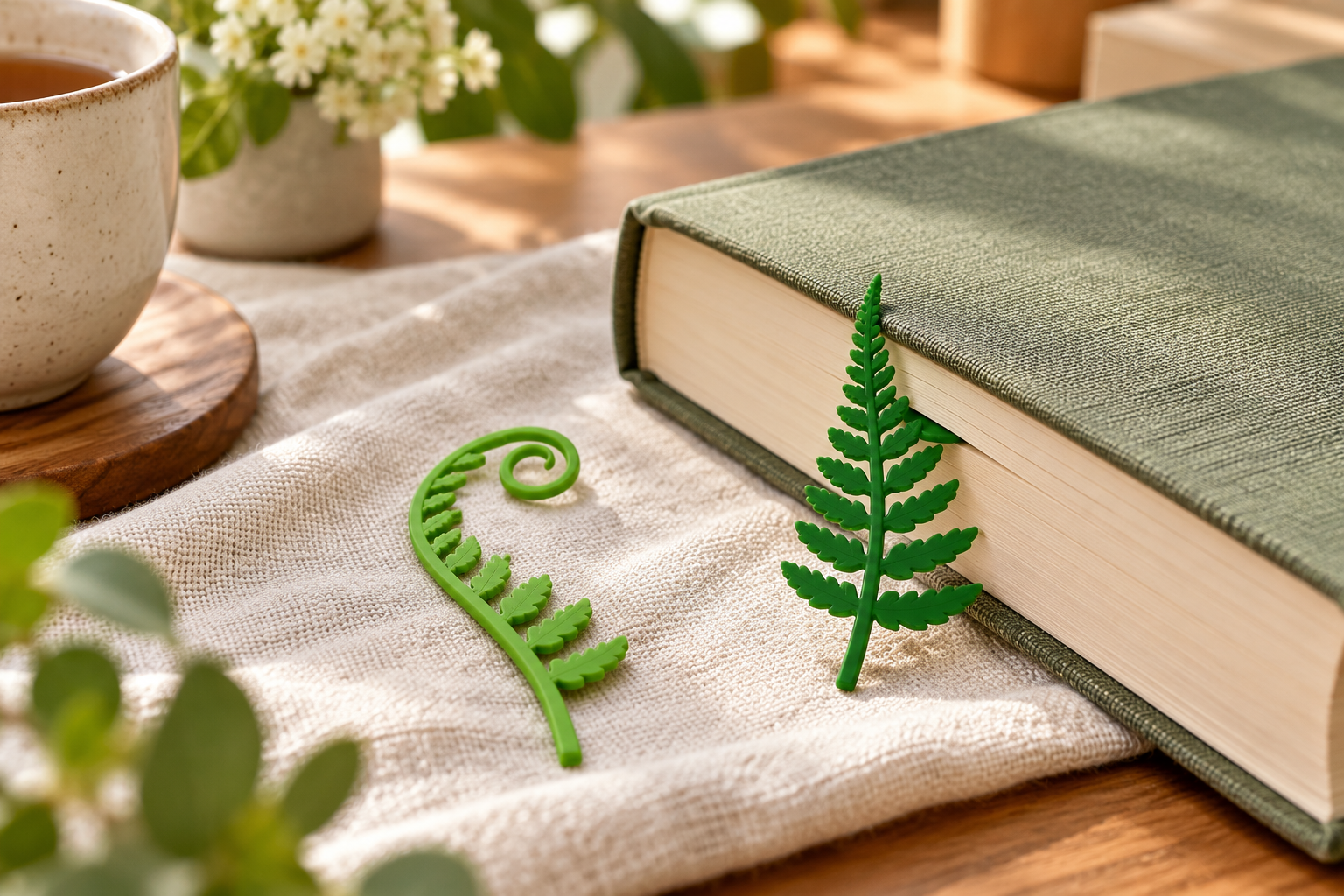 Fred Woodland Sprouts Fern Bookmarks - Set of Two styled in a home setting