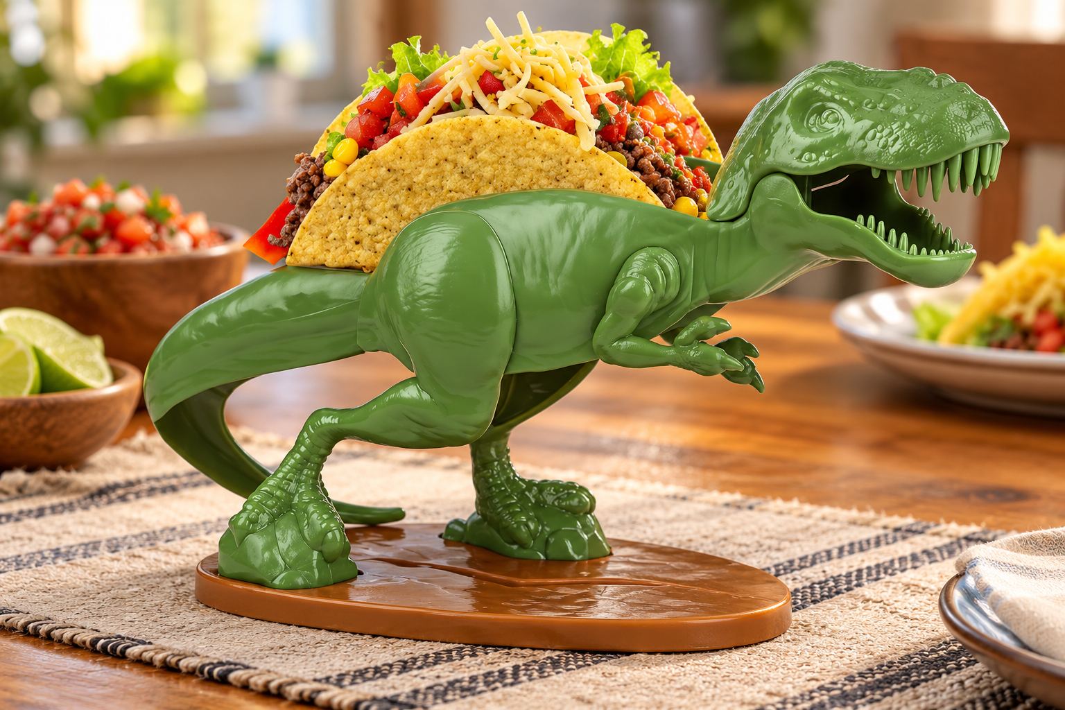 Funwares Tacosaurus T-Rex Taco Holder styled in a home setting