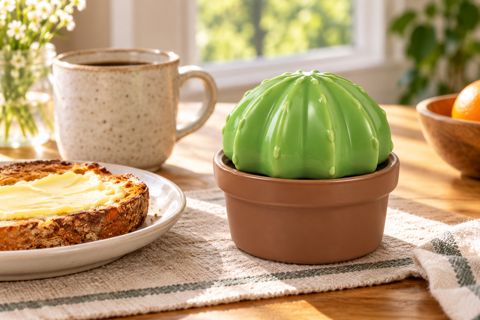 Genuine Fred House Plant Cactus Butter Keeper styled in a home setting