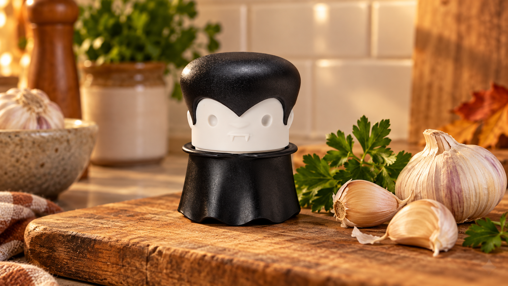 OTOTO Gracula Garlic Crusher styled in a home setting
