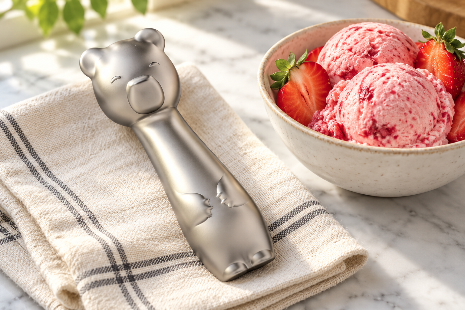OTOTO Ice Cub Bear Ice Cream Scoop - Silver styled in a home setting