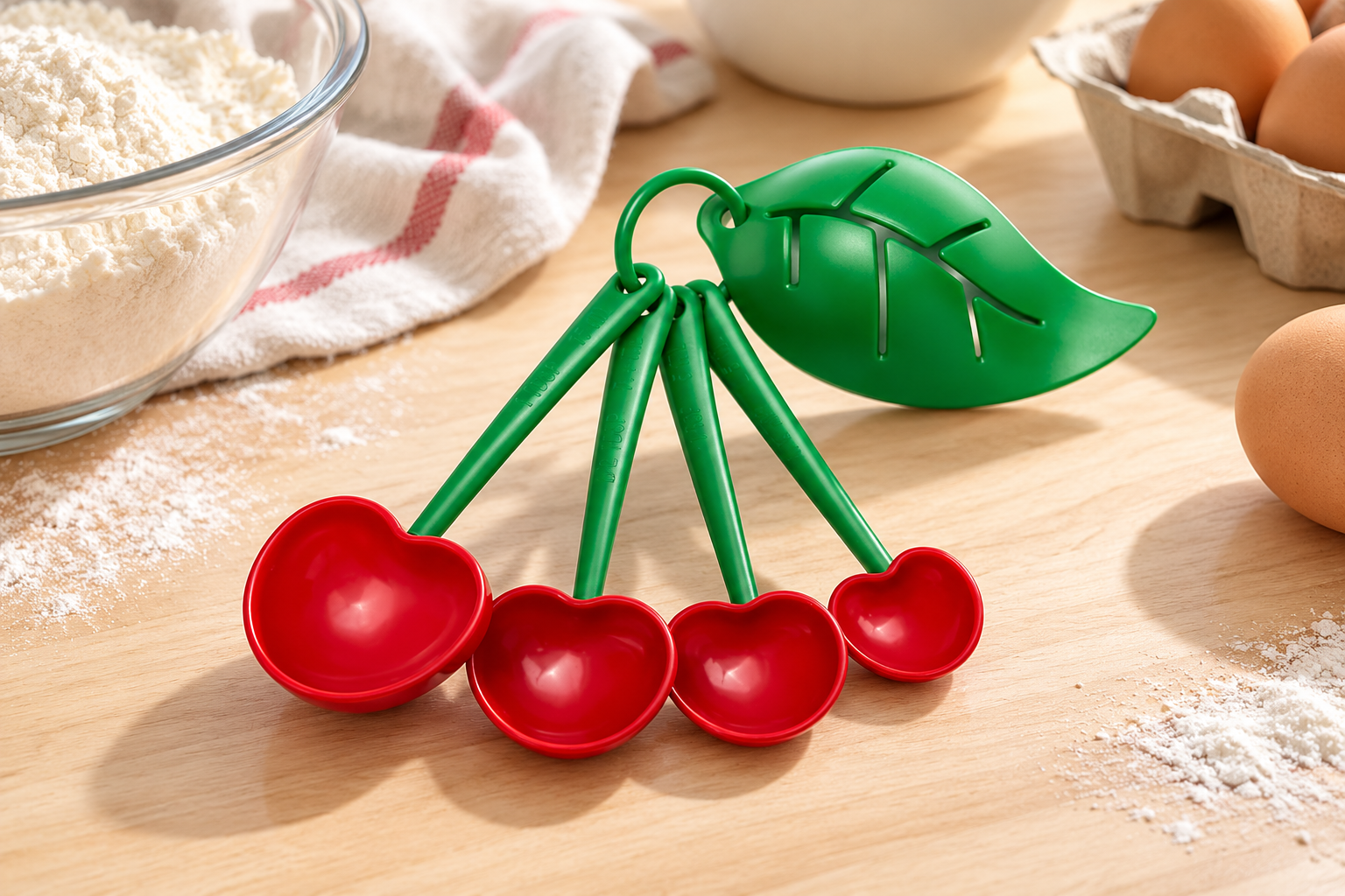 OTOTO Mon Cherry Measuring Spoons and Egg Separator styled in a home setting