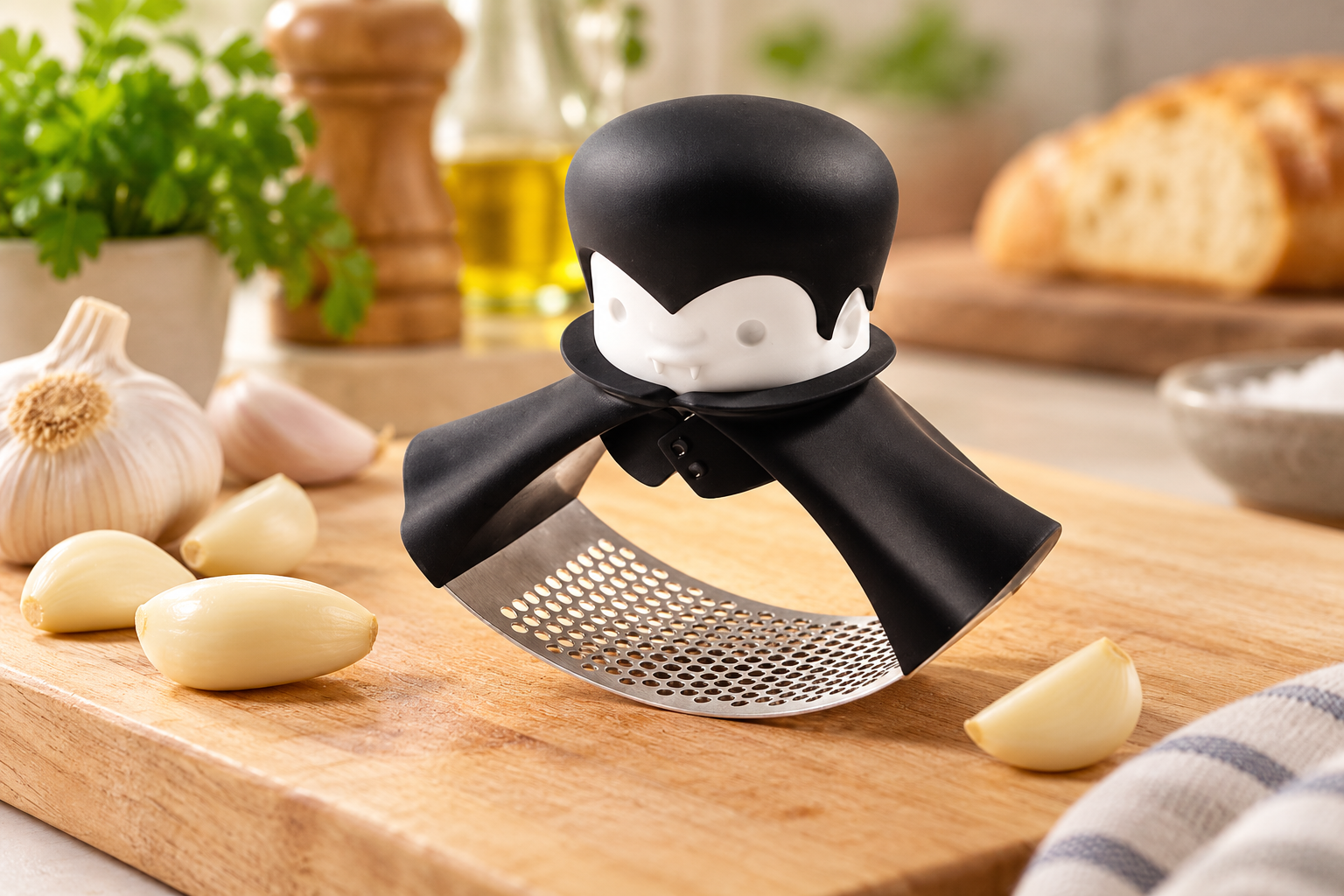 OTOTO Rockula Garlic Press Rocker - Black styled in a home setting
