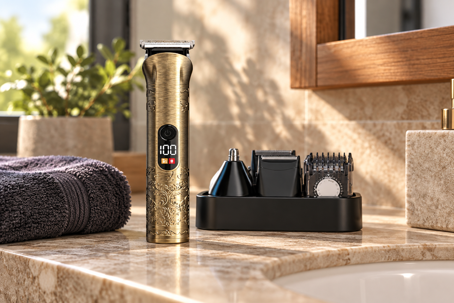 Solati Beard Trimmer & Hair Clipper Grooming Kit - Gold styled in a home setting