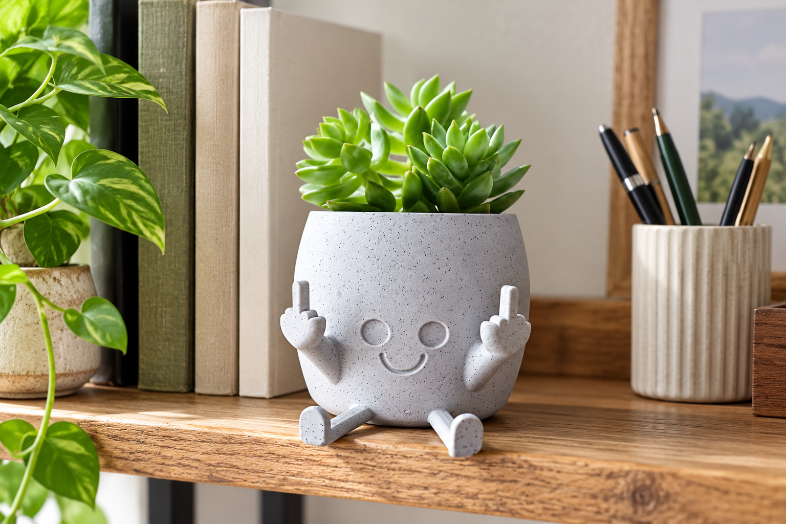 SXIDPDA Smiling Middle Finger Planter - Gray styled in a home setting