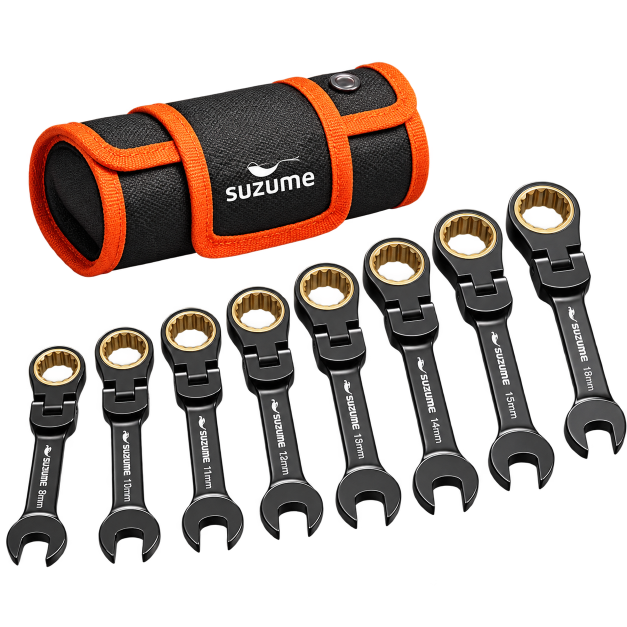 SUZUME 8-Piece Stubby Flex-Head Ratcheting Wrench Set — Metric